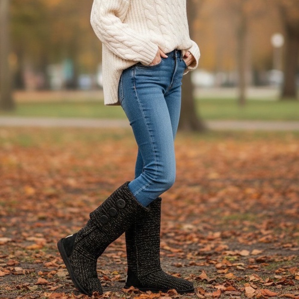 UGG Australia Lattice Cardy Black Gold Metallic Knit Tall Boots 1876 Womens 8 - Picture 7 of 7